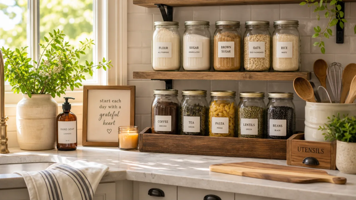 a bright and airy kitchen countertop with neatly labeled mason jars and…