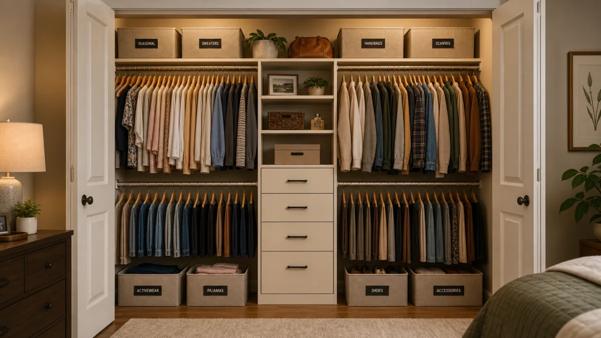 a neatly organized bedroom closet with double hanging rods and labeled bins,…