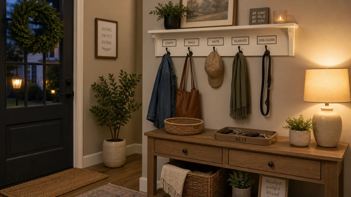 a tidy and welcoming home entryway with labeled hooks, a small basket,…