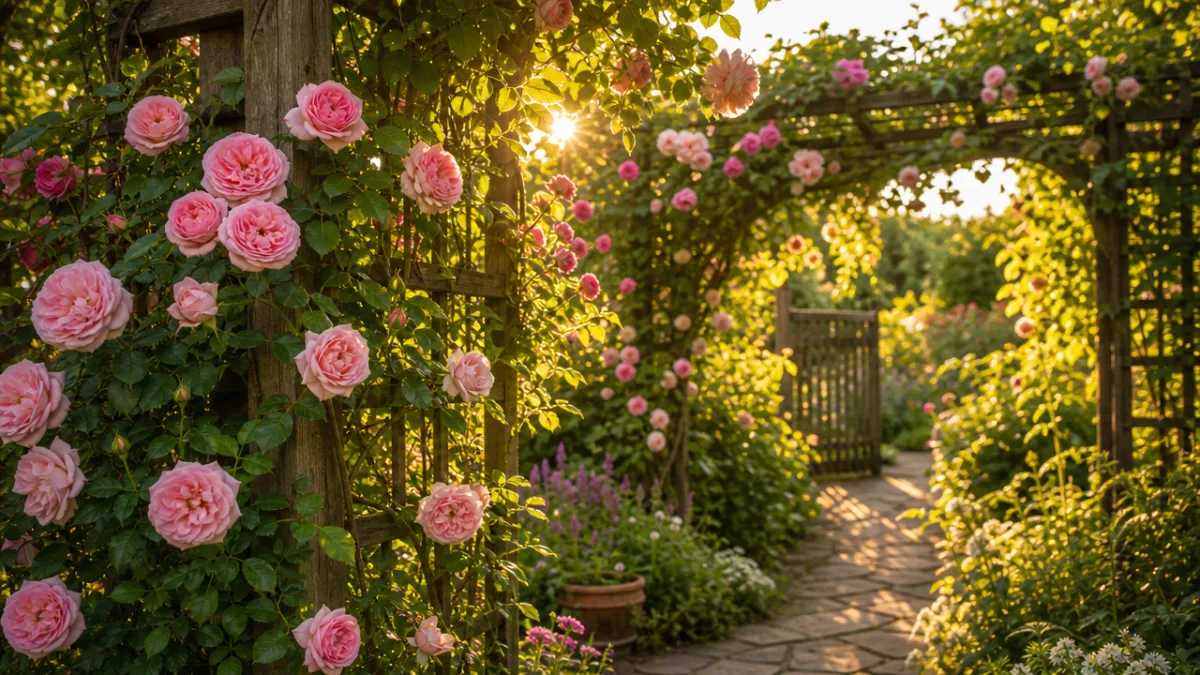 a lush garden trellis covered in climbing roses and green foliage, warm…
