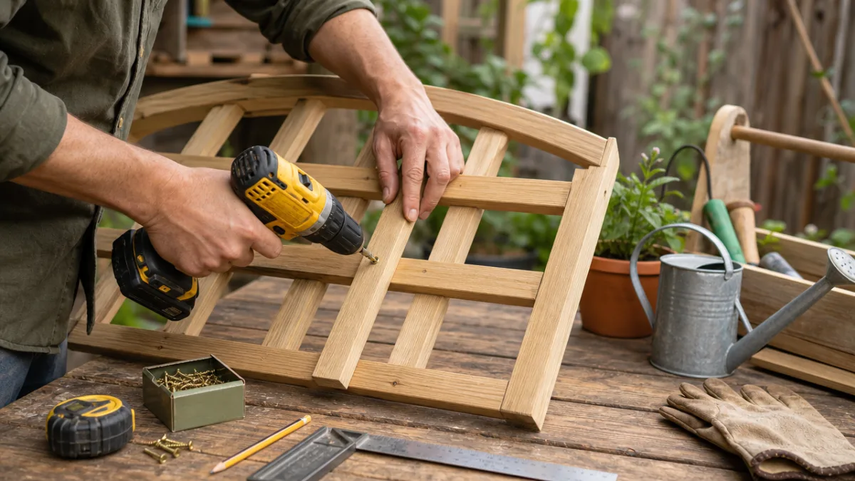 hands building a wooden garden trellis with tools nearby, soft natural daylight…