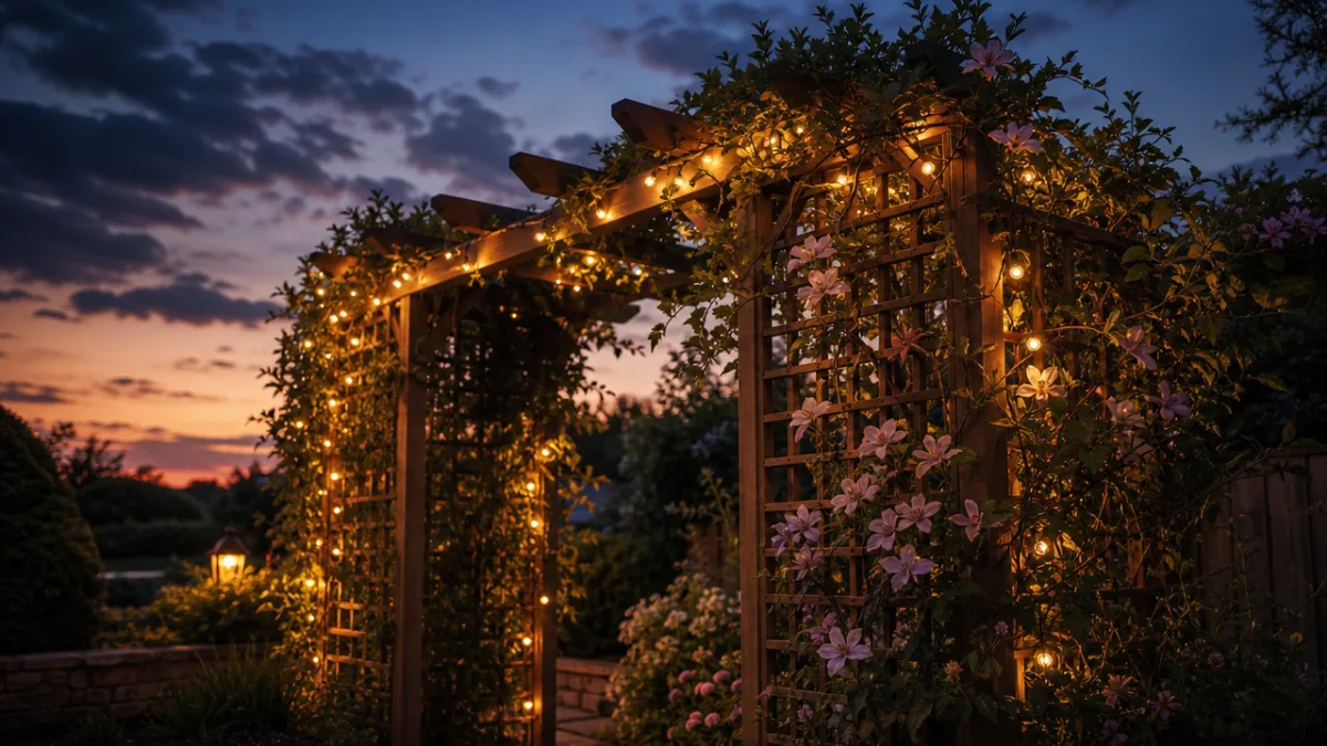 a garden trellis with climbing plants illuminated by warm fairy lights at…