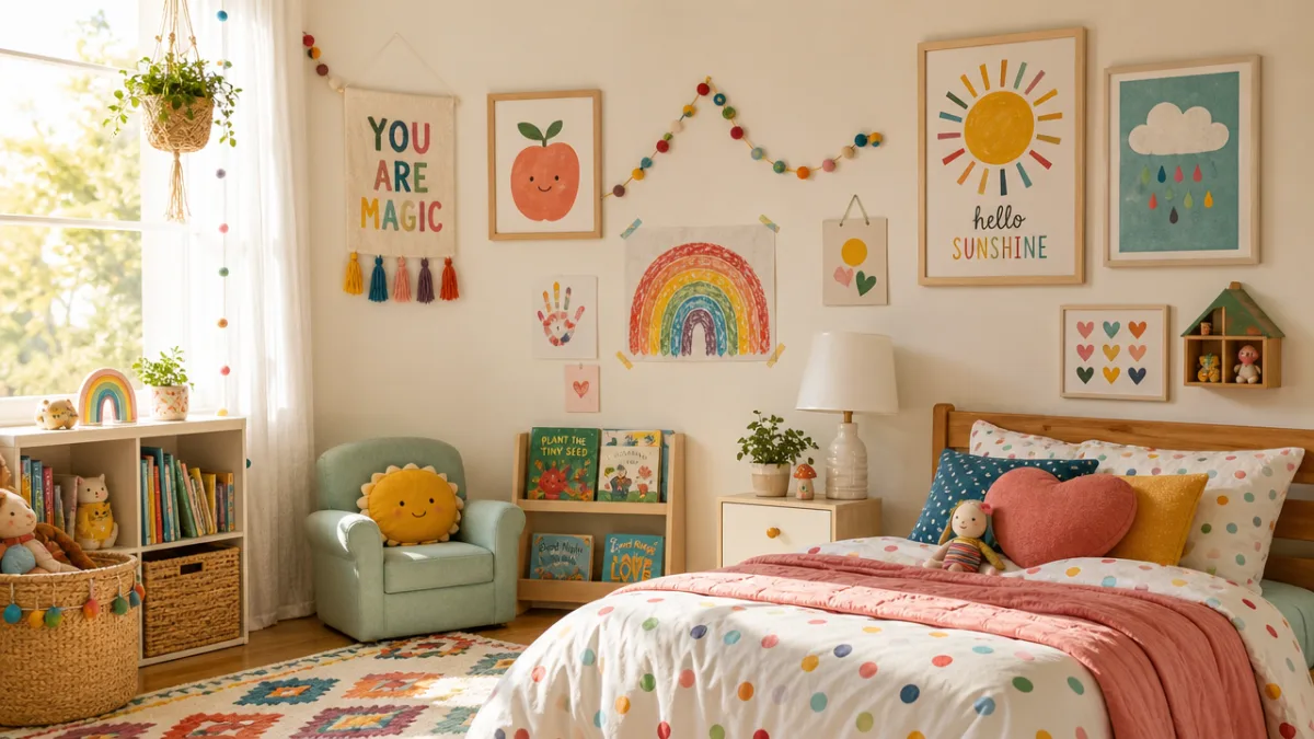 a bright children's bedroom with colorful handmade wall art and playful framed…