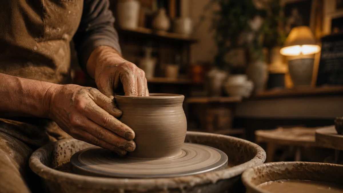 a warm ceramics studio with soft amber lighting, potter's hands shaping clay…