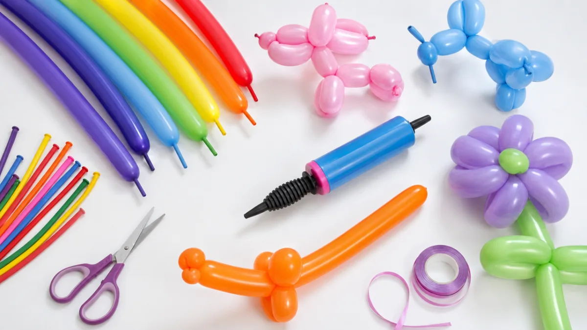 a colorful flat lay of twisting balloons, a hand pump, and crafting…