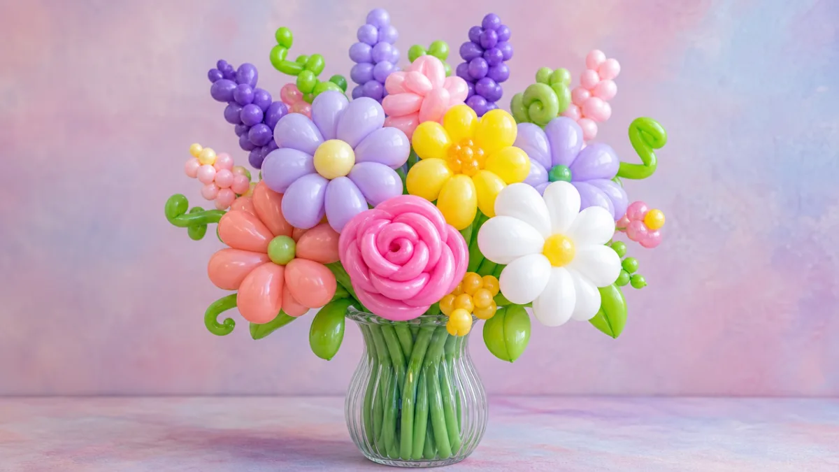 a vibrant finished balloon flower bouquet displayed in a clear vase, pastel…