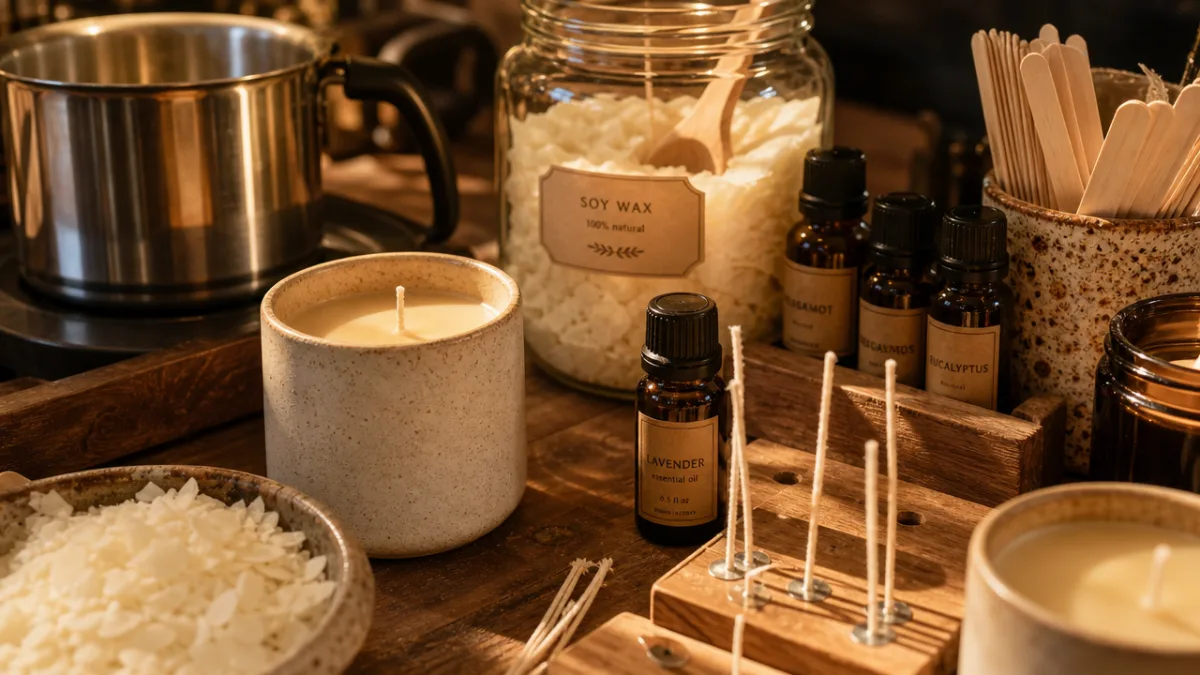 close-up of artisan candle-making workshop with wax, wicks and essential oils on…