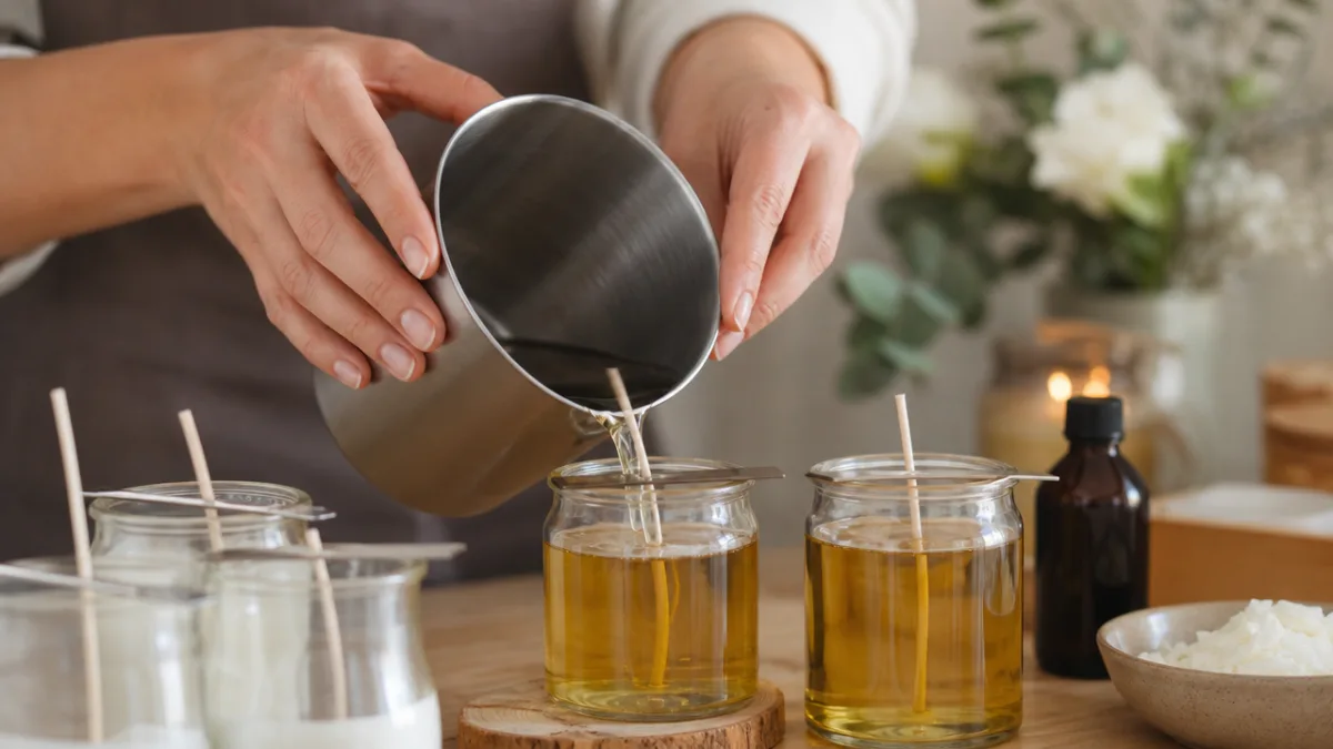 hands carefully pouring melted wax into glass jars with cotton wicks, soft…