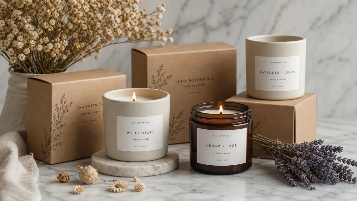 elegant display of artisan candles with kraft paper packaging and dried flowers…