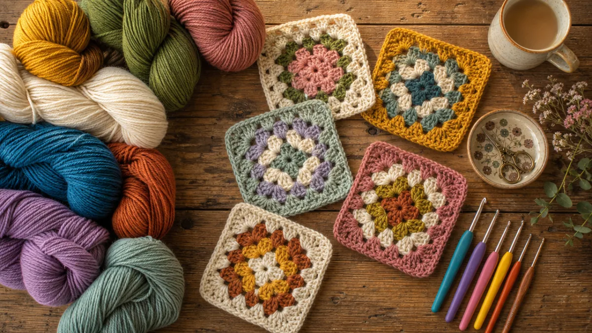 a flat lay of colorful yarn skeins, crochet hooks, and granny square…
