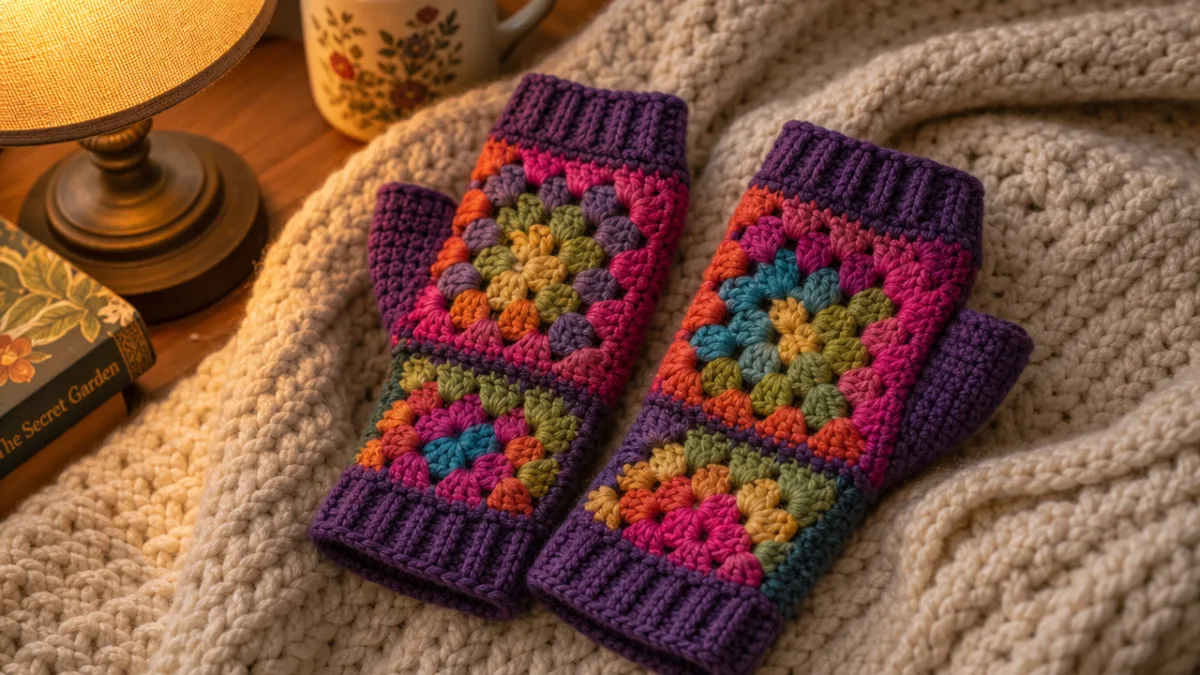 a pair of colorful granny square fingerless gloves resting on a cozy…
