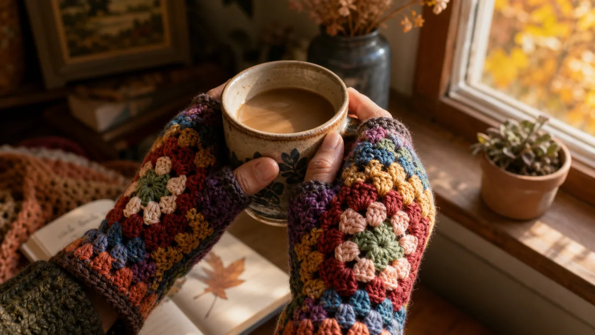 hands wearing multicolored granny square fingerless mitts holding a ceramic mug of…