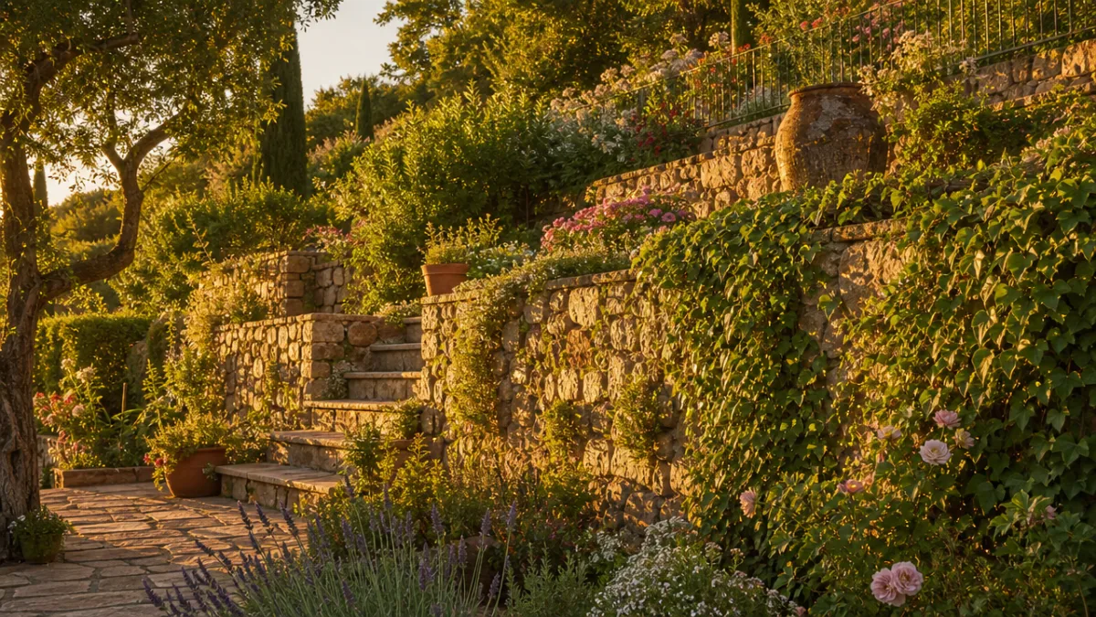 a terraced garden with natural stone retaining walls covered in climbing plants,…