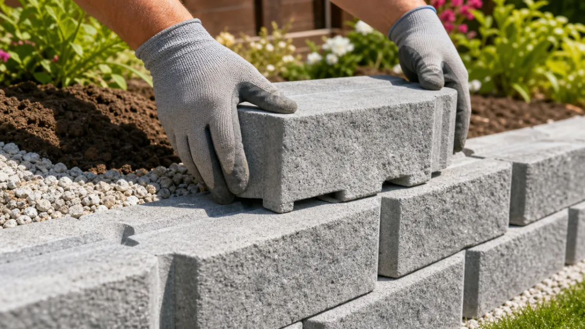 close-up of interlocking concrete retaining wall blocks being laid in a sunny…
