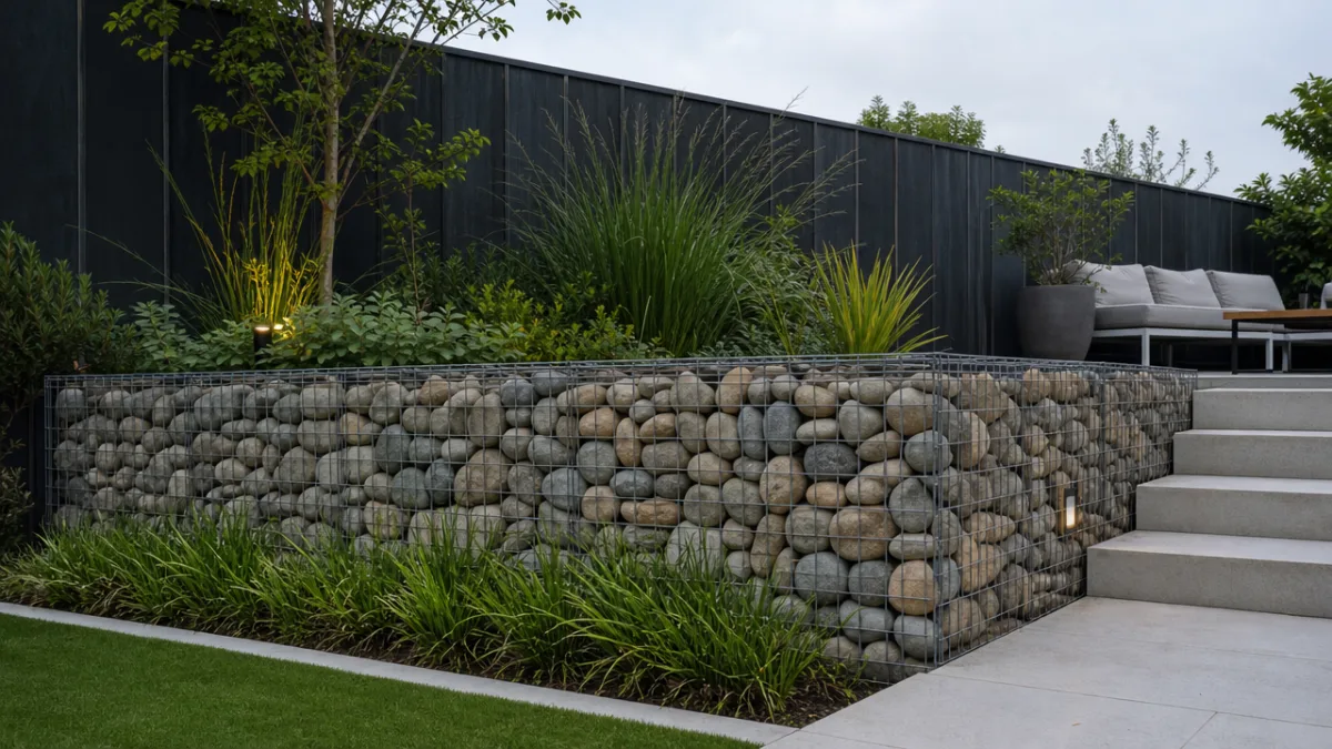 a modern gabion retaining wall filled with river rocks in a contemporary…