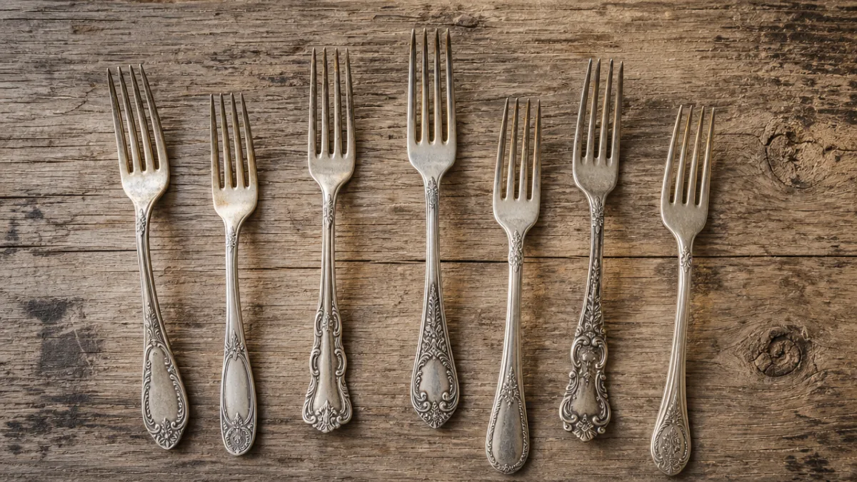 a flat lay of vintage silver forks arranged on weathered wood, soft…