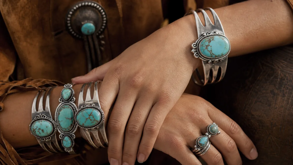 hands wearing multiple fork bracelets with turquoise stones, close-up detail, warm studio…