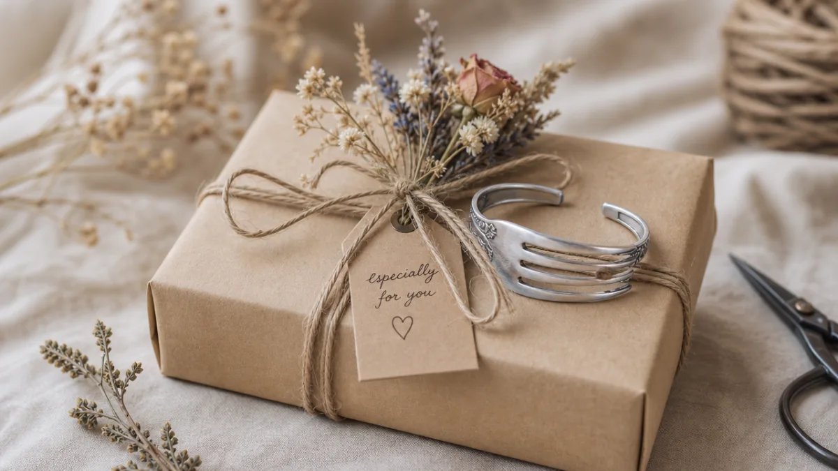 a fork bracelet gift wrapped in kraft paper with dried flowers, soft…