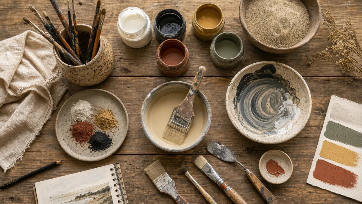 a flat-lay arrangement of paint supplies, sand, brushes, and mixing bowls on…