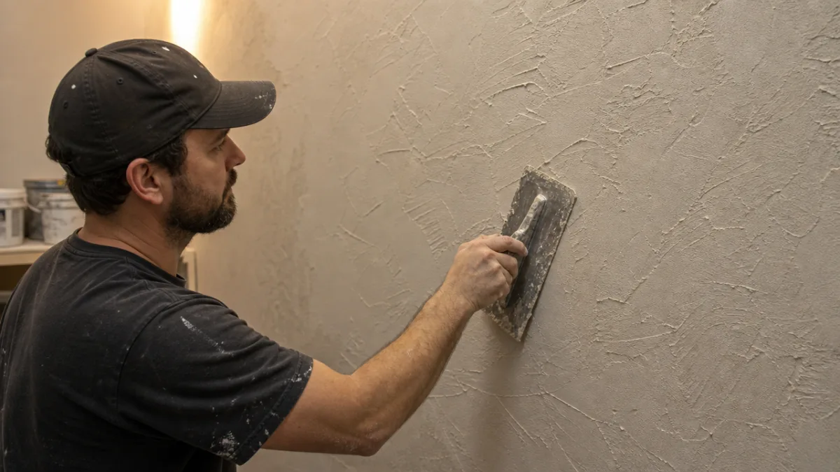a person applying texture paint to a wall with a trowel, soft…