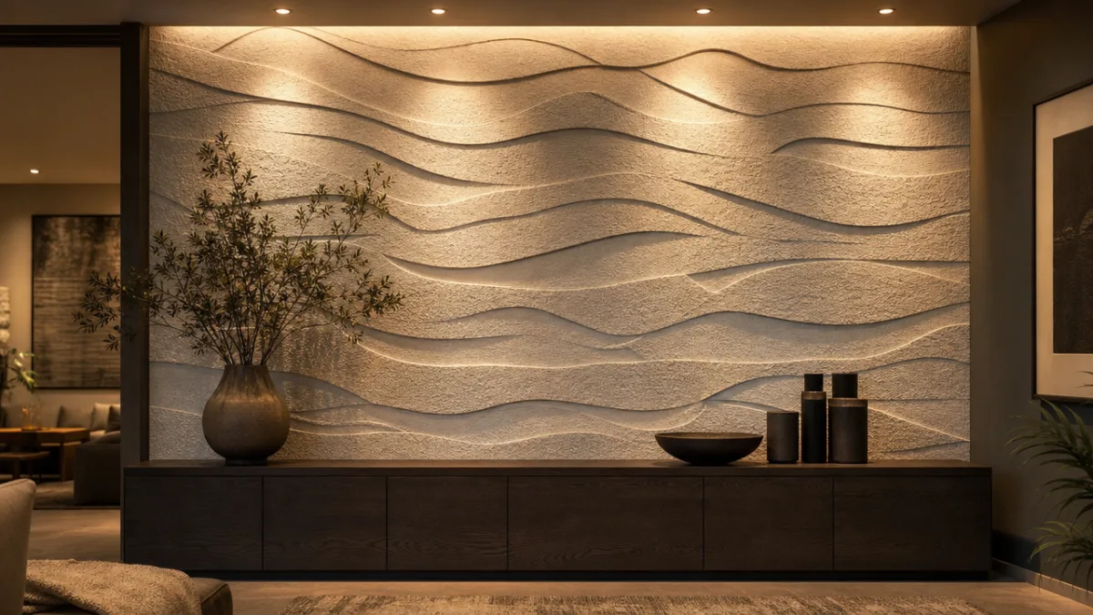 a finished textured accent wall with warm ambient lighting highlighting dimensional surface…