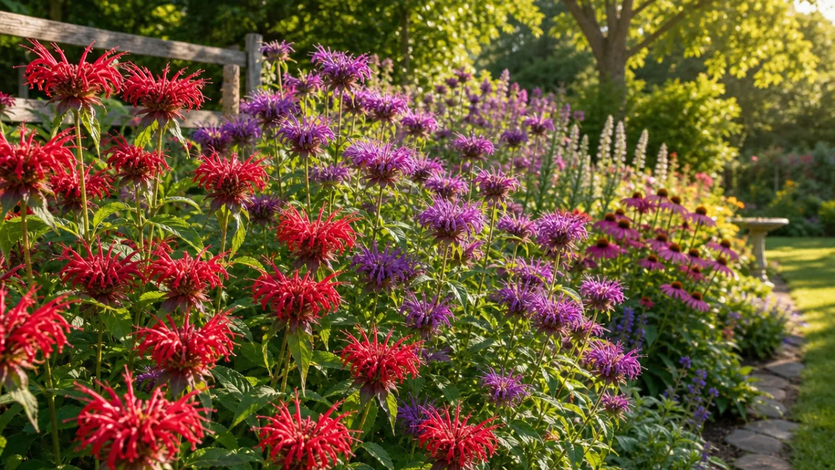 a lush garden border with vibrant red and purple bee balm flowers…