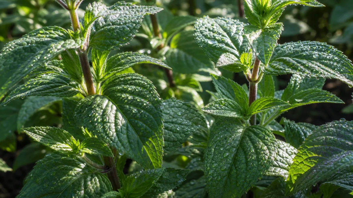 close-up of healthy bee balm leaves and stems in dappled morning sunlight…