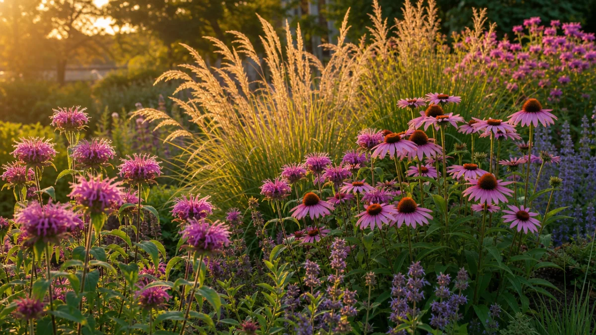 a thriving garden bed with bee balm, echinacea, and ornamental grasses under…