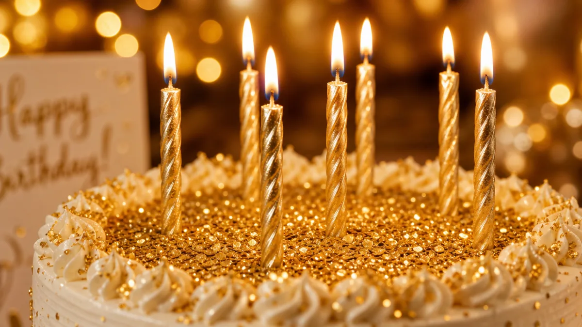 a close-up of glitter and gold spiral candles arranged on a white…
