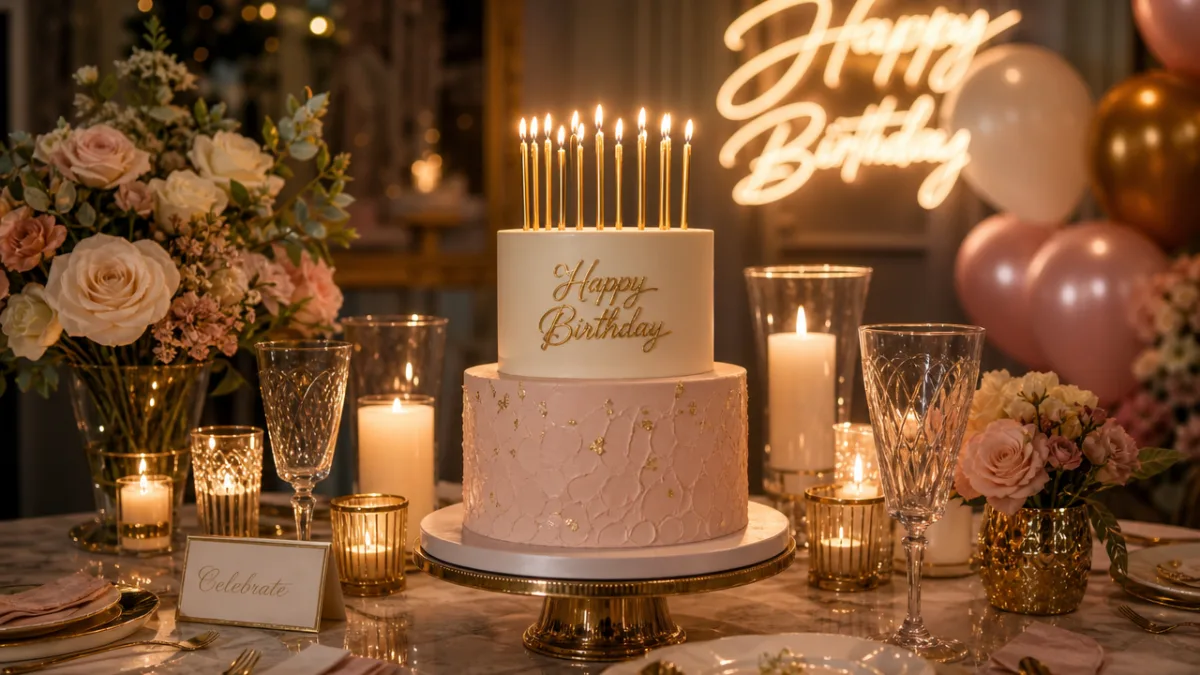 a beautifully styled birthday party table with gold candles lit on a…