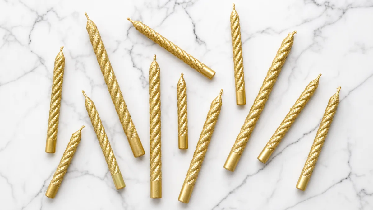 a flat lay of assorted glitter gold spiral candles arranged artfully on…