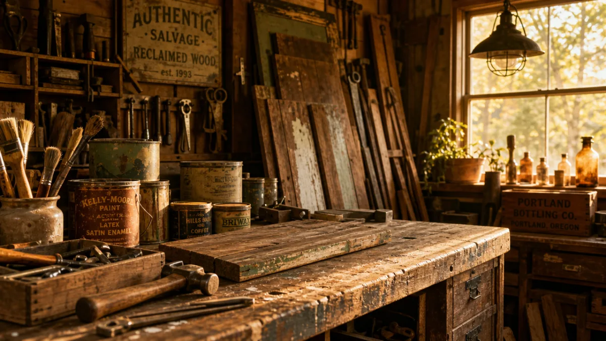 a warmly lit rustic workshop table covered with salvaged wood, paint cans,…