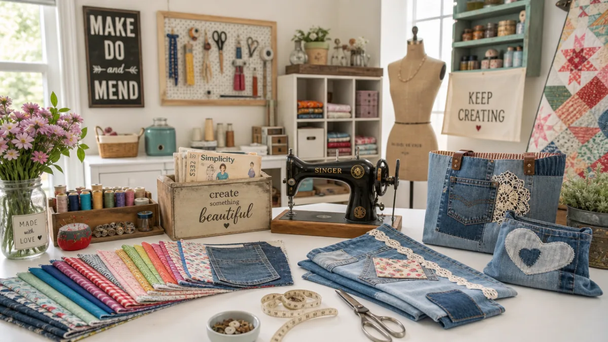 a bright airy Craft room with colorful fabric swatches, vintage sewing tools,…