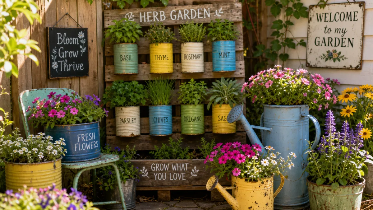 a lush sunlit garden corner featuring upcycled tin can planters, a pallet…
