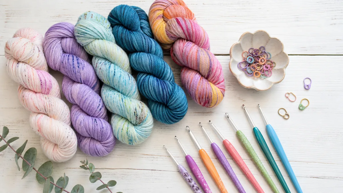 a flat lay of colorful sock yarn skeins, crochet hooks, and stitch…