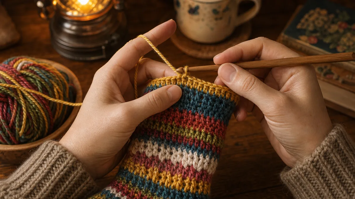 close-up of hands crocheting a colorful sock with a wooden crochet hook,…