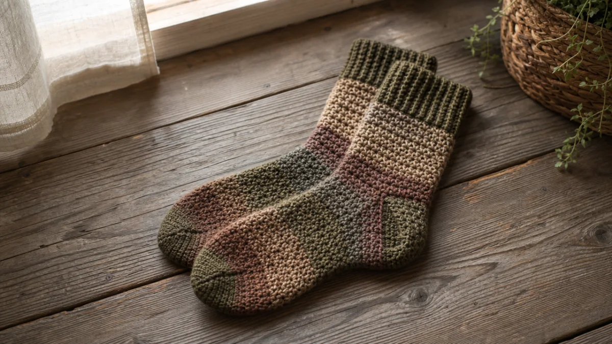a pair of handmade crochet socks in earthy tones displayed on a…