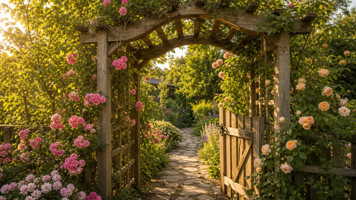 a rustic wooden garden arbor surrounded by blooming roses and climbing vines,…
