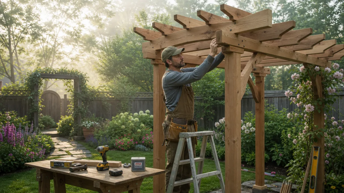 a craftsman carefully assembling wooden arbor beams in a lush backyard garden,…