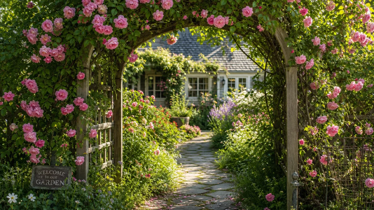 a lush garden arbor covered in cascading pink roses and green vines,…