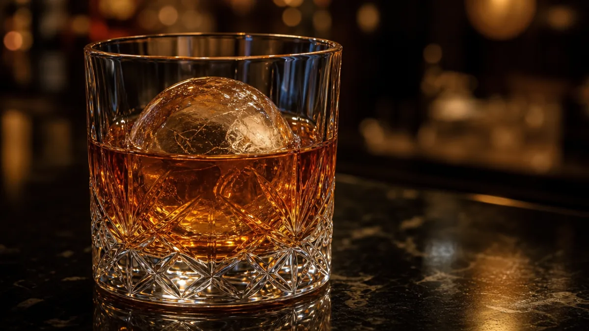 a close-up of a crystal cocktail glass filled with an amber drink,…
