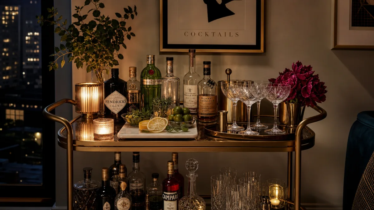 a stylish home bar cart with neatly arranged bottles, fresh garnishes, and…