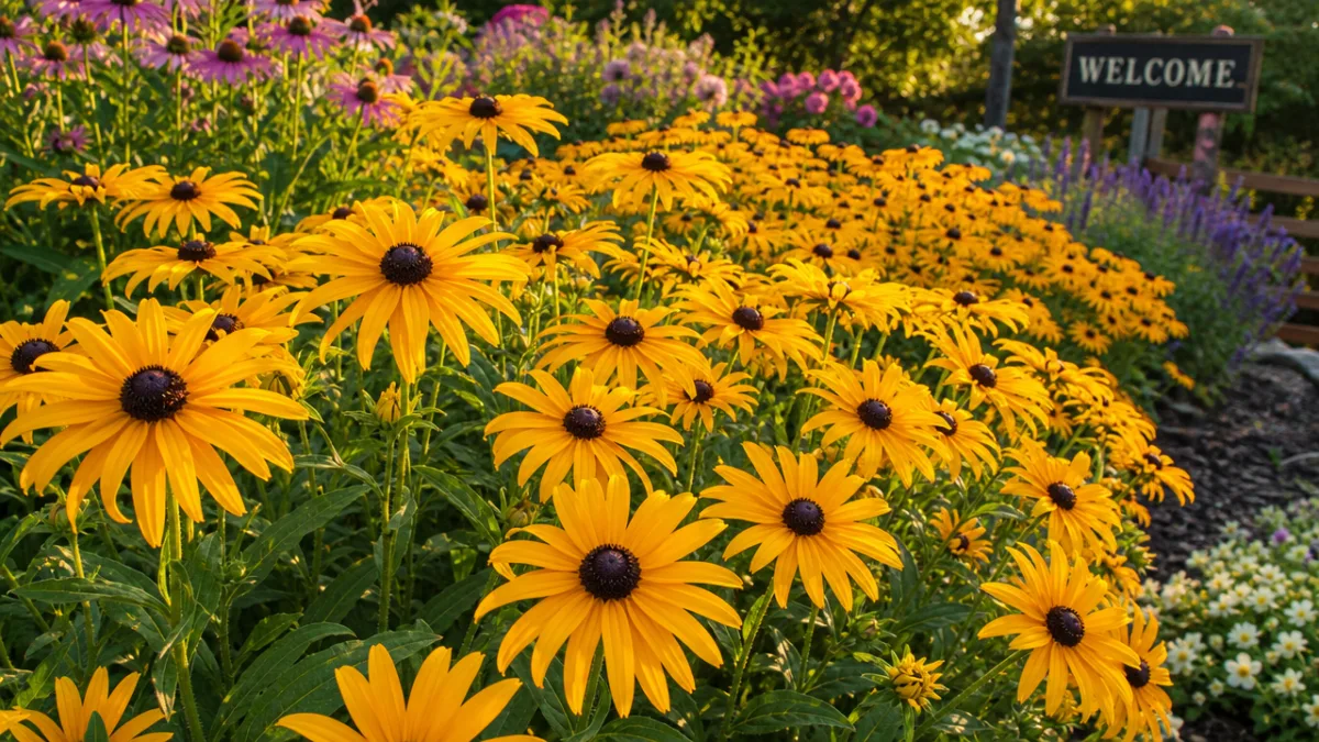 a vibrant garden bed filled with golden Black-Eyed Susan flowers in full…