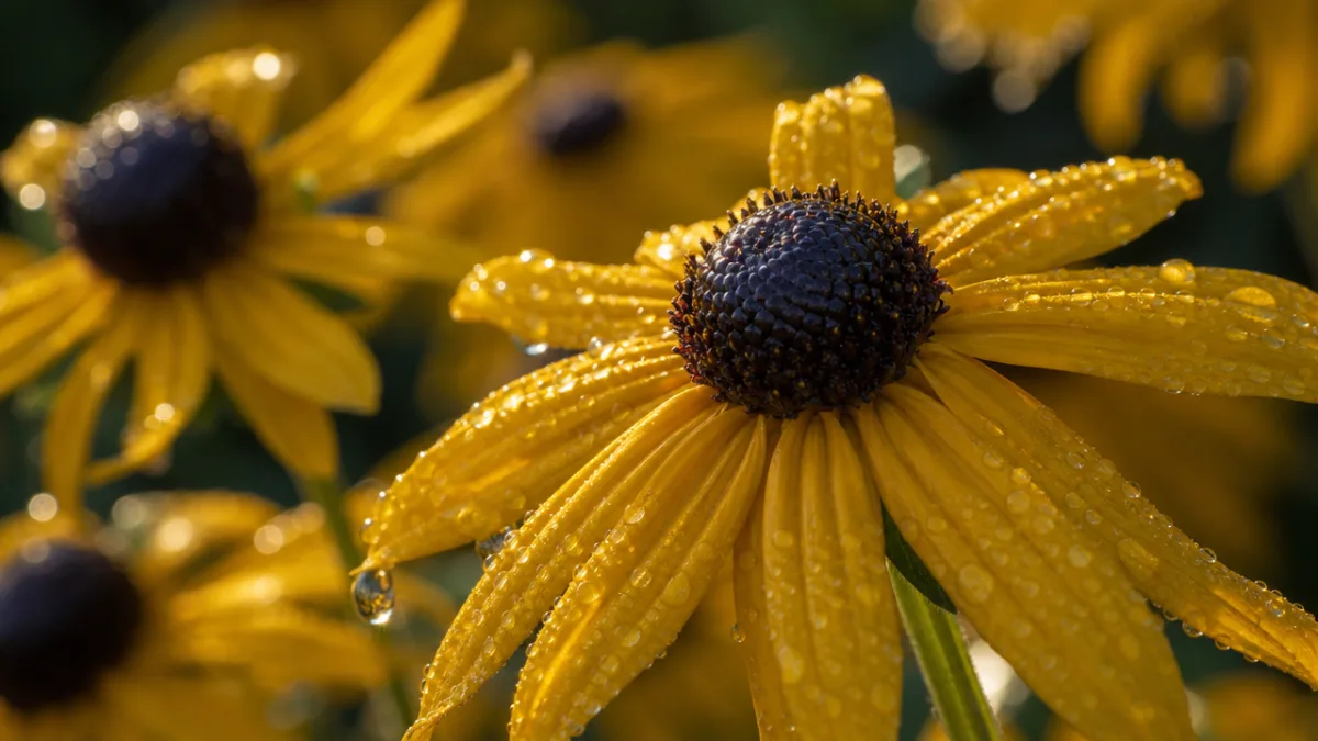 a close-up of Black-Eyed Susan flower heads with dew drops, soft morning…