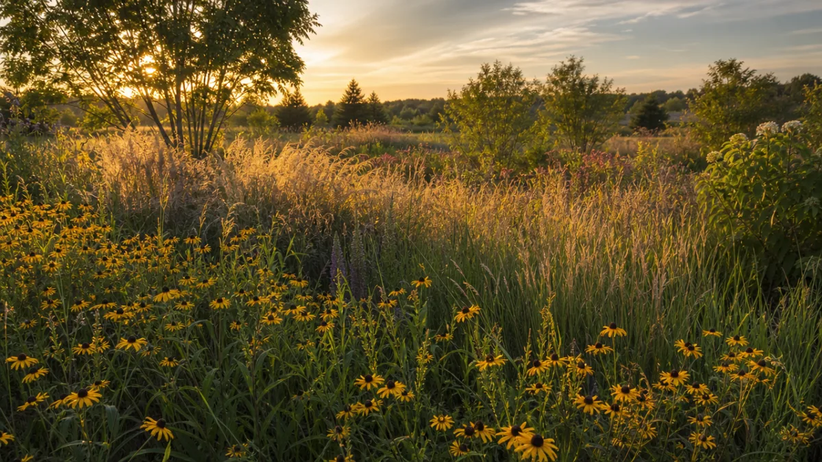 a naturalistic garden meadow with Black-Eyed Susans and native grasses, golden hour…