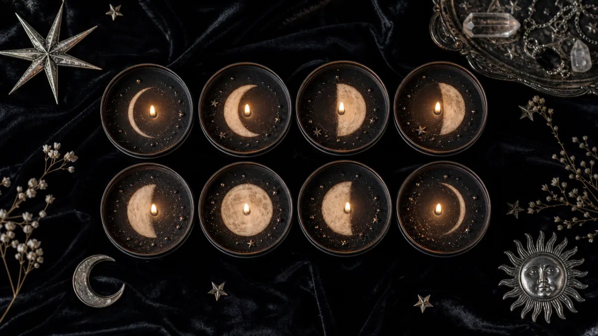 a styled flat lay of eight moon phase candles on dark velvet…