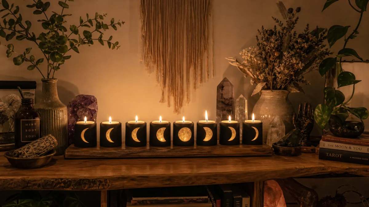 a serene meditation nook with moon phase candles burning on a wooden…