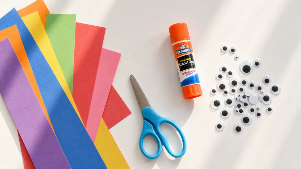 a flat lay of colorful construction paper strips, scissors, glue, and googly…