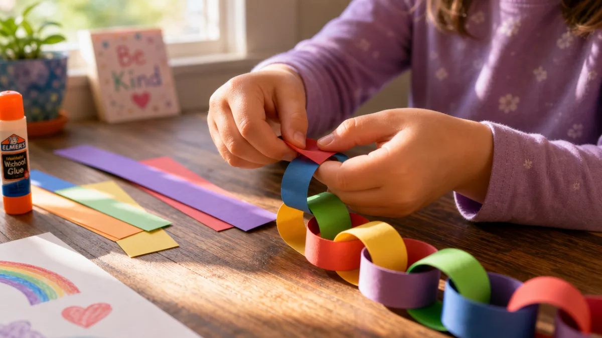 a child's hands carefully threading a colorful paper strip through a chain…