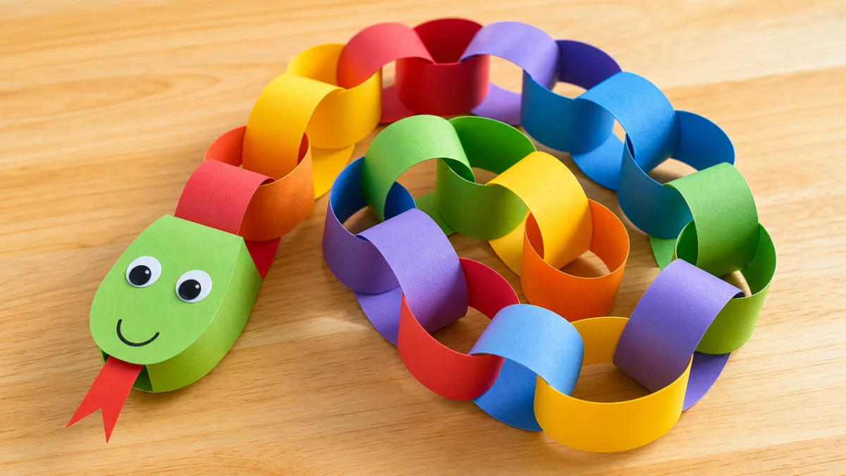 a finished colorful paper chain snake toy coiled playfully on a bright…